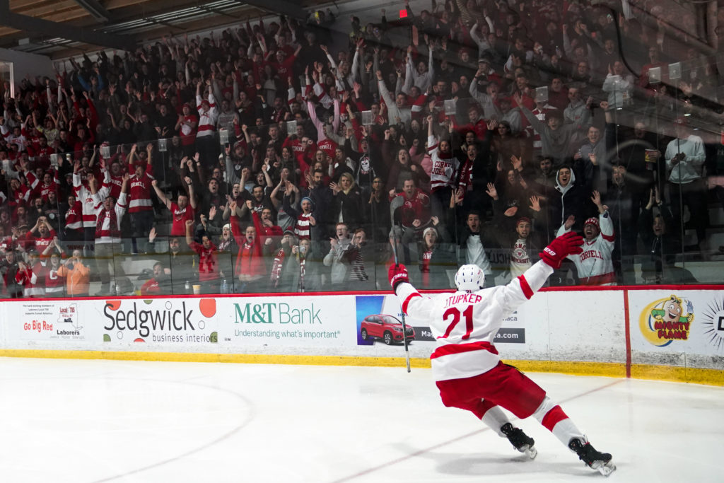 Freshman forward Zach Tupker celebrates after scoring his first goal of his Cornell career to put the Red up 6-1 against Yale on Saturday. (Ben Parker / Sun Assistant Photography Editor)